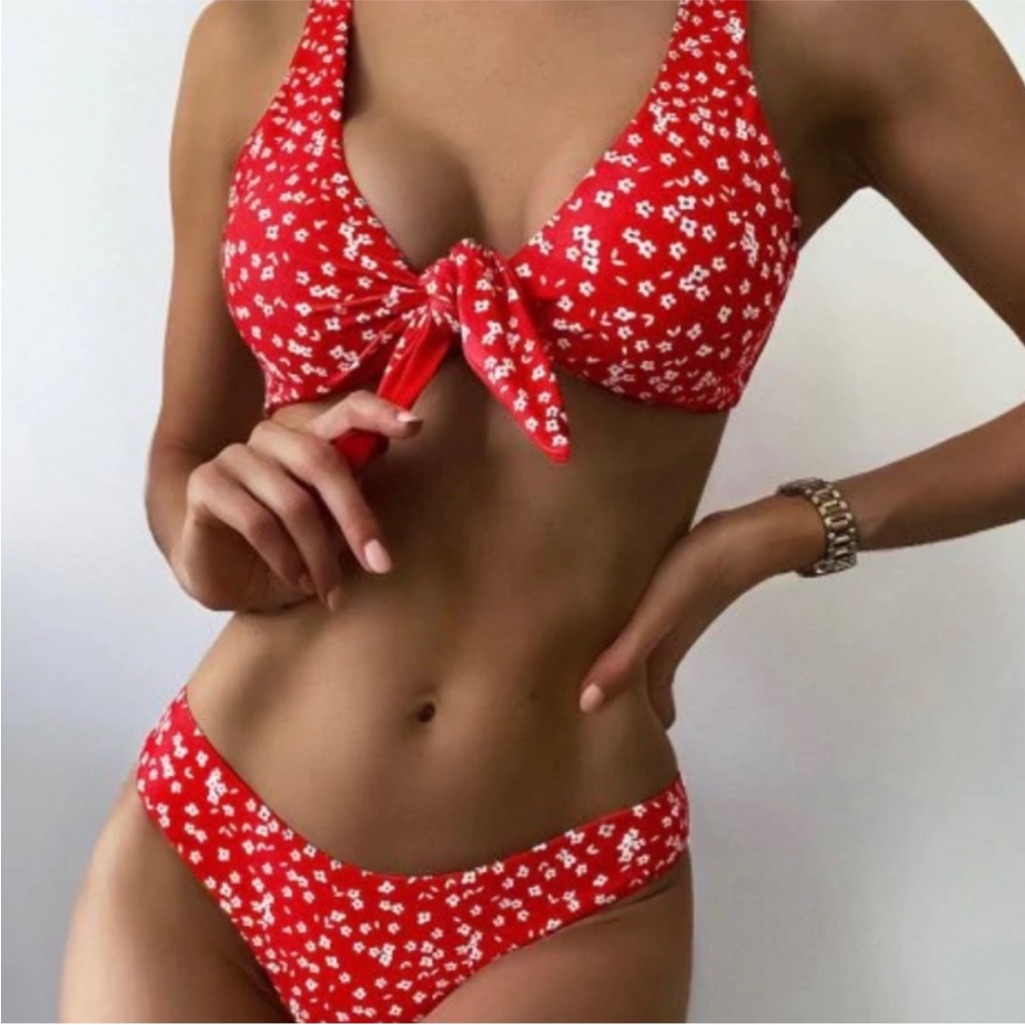 Shein Reversible Red White Ditsy Floral Knot Front Bikini Top & Bottom Swimsuit